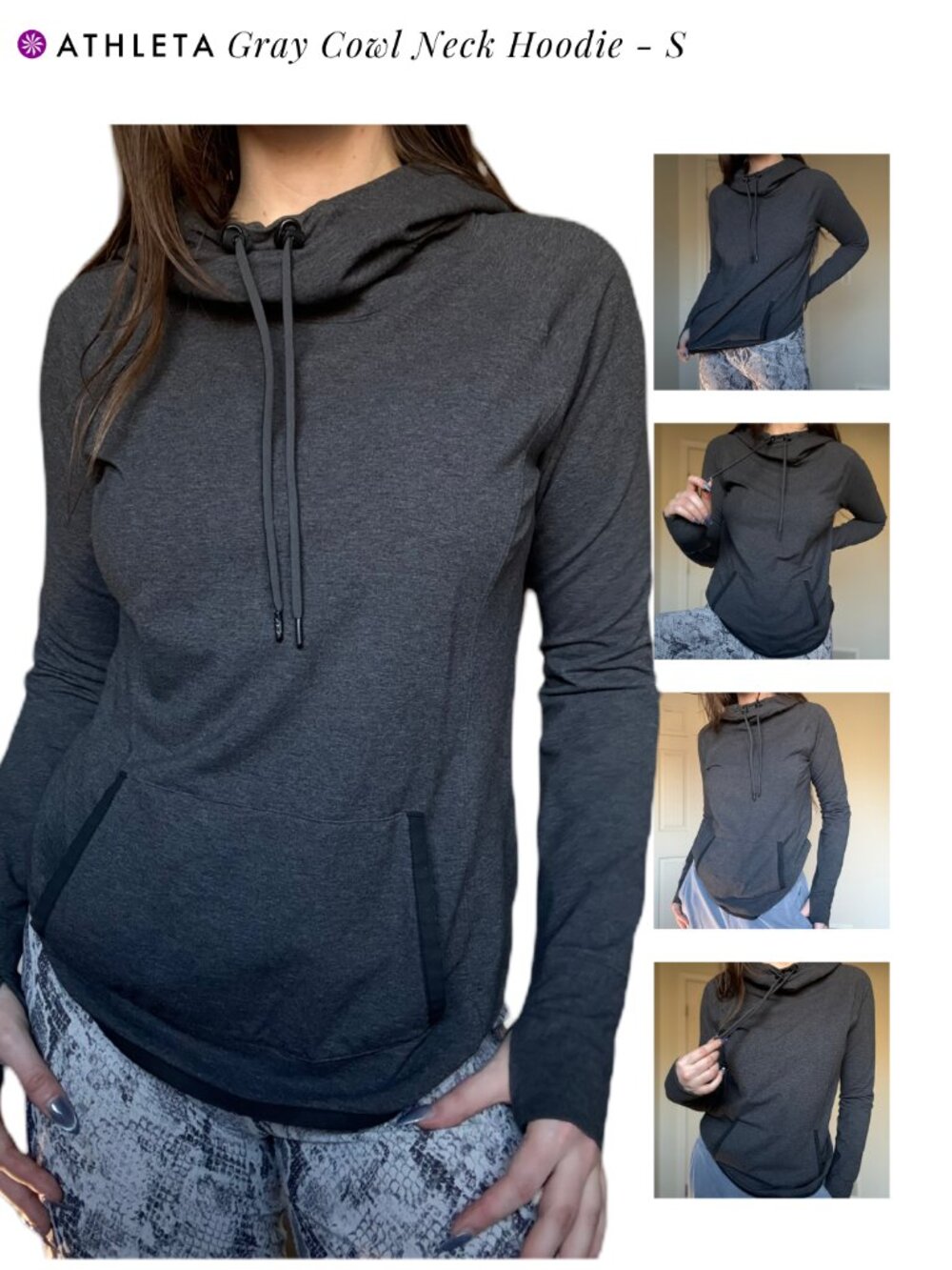 Athleta Cowl Neck Hoodie - Gray Thumbhole Pullover - Athletic Lounge Top S